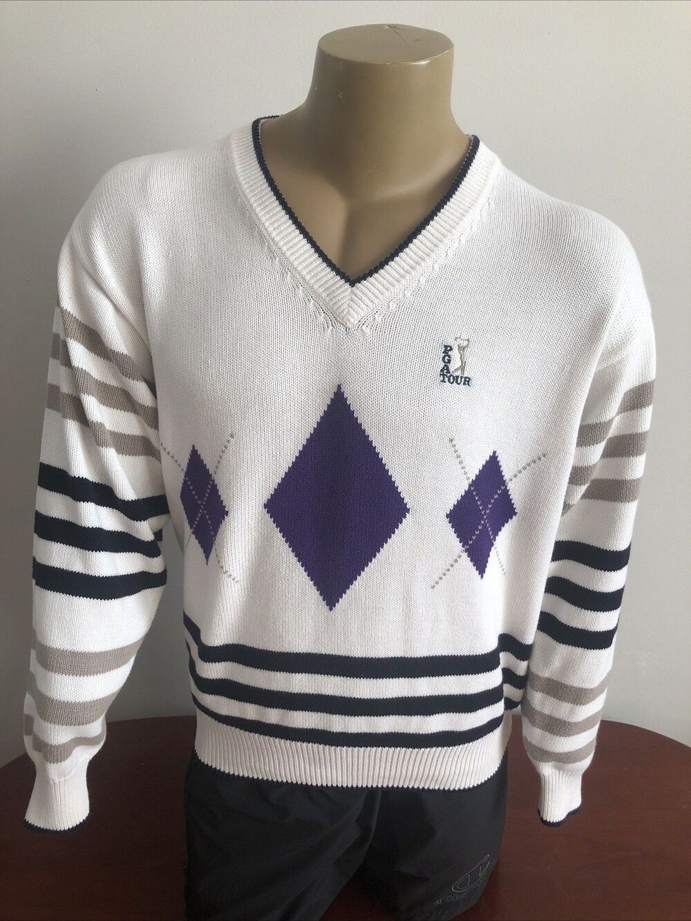 PGA Tour Golf Long Sleeve Argyle Pullover V Neck Sweater Mens Large White Purple